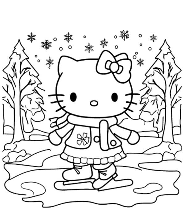 Tranh tô màu Hello Kitty đang trượt tuyết