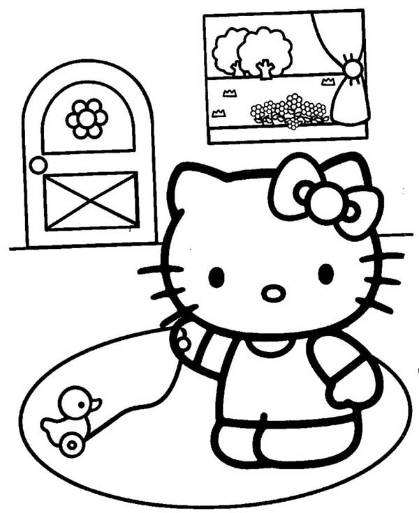 Hình tô màu Hello Kitty đang vui chơi trong nhà với chú vịt