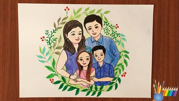Những bức tranh tô màu gia đình 4 người dễ thương cho bé